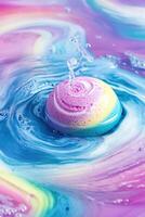 Vibrant rainbow-colored bath bomb creates mesmerizing patterns in water with playful swirling effects and ample space for text overlay photo