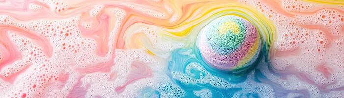 Dissolving rainbow bath bomb creates vibrant swirls in water with plenty of space for text overlay photo
