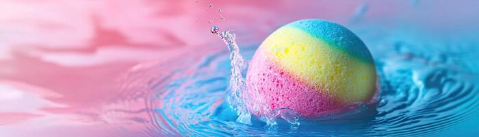 Vibrant rainbow bath bomb dissolving in water creating swirling patterns with large negative space for text overlay photo