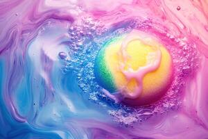 Colorful bath bomb dissolving in water creates vibrant swirls and patterns with ample space for text overlay in ultra-HD resolution photo