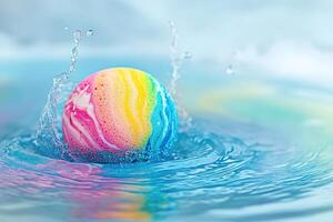 Rainbow-colored bath bomb dissolving in water creates vibrant swirling patterns with inviting negative space for text overlay photo