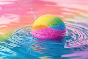 Vibrant rainbow bath bomb dissolving in water, creating swirling patterns in a playful and eye-catching abstract background with space for text overlay photo