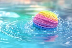 Dissolving rainbow bath bomb in clear water creating vibrant patterns and large space for text overlay in ultra-HD resolution photo