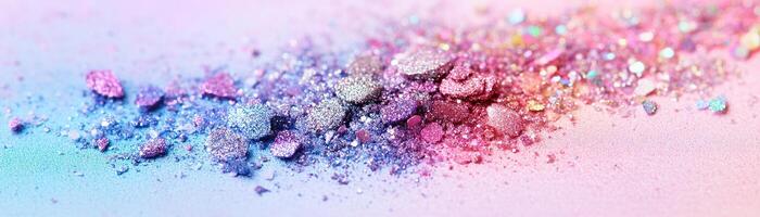 Scattered glittery eyeshadow pigments create a whimsical abstract background in pastel hues of pink, purple, and blue with a soft rainbow gradient photo