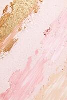 Abstract cosmetic background with soft pink, beige, and gold brush strokes on a neutral canvas providing ample space for text overlay photo