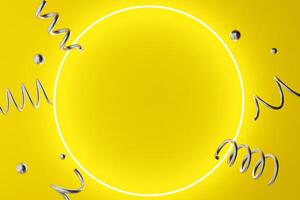 A bright yellow backdrop is highlighted by swirling silver spirals and small spherical shapes. Sale background with copy space in the middle. 3D rendering. photo