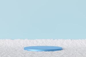 Elegant blue podium on snowy surface with soft blue background, perfect for showcasing products in minimal winter-themed setting. Ideal for holiday campaigns, branding, modern displays. 3D render. photo