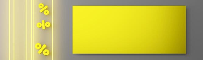 A vibrant yellow banner highlights a significant sale, with unique graphic accents. The design features bright colors and percentages intended to attract shoppers attention. Copy space. 3D. photo