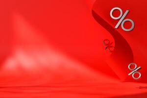 A bright red background features playful percentage signs, emphasizing a sale event. The vibrant colors promote a sense of urgency and attract shoppers to take advantage of discounts soon. 3D. photo