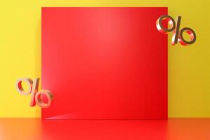 Bold red square is centered on bright yellow background, accompanied by shiny gold percentage signs. This setting creates an eye-catching design for a sale advertisement. Copy space. 3D. photo