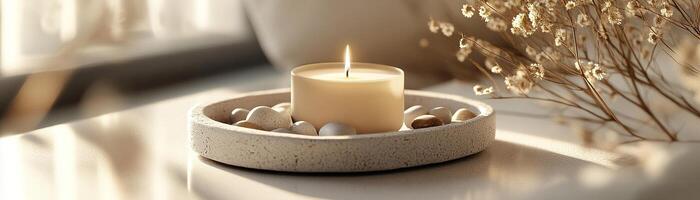 A warm and inviting Nordic-inspired detail features a minimalist candle on a stone tray. Small decorative stones and dried flowers add charm to the serene, neutral backdrop photo