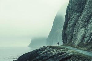 A cyclist rides along a winding Nordic coastal road with breathtaking views of cliffs and the ocean, embodying a spirit of adventure in soft muted tones and ample space for text overlay photo