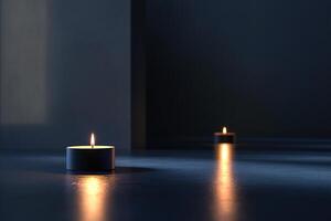 A serene candle flame illuminates a dark setting, reflecting understated light on the surface. This elegant setup enhances a calming ambiance, ideal for relaxation photo