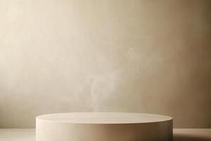 Soft gray smoke gently ascends, intertwining with a smooth beige surface, evoking a sense of calm. This minimalist setup invites creativity and offers ample space for text overlay photo