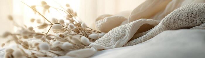 Neutral-toned textiles create a cozy atmosphere in a minimalist bedroom. Soft textures of linen, wool, and cotton harmonize with delicate natural accents, ensuring comfort and style photo