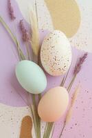 Experience a luxurious Easter card design showcasing abstract shapes in blush, mint, and lavender tones, adorned with subtle gold foil accents and ample space for personalized text photo