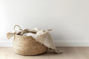 A cozy woven basket holds a soft linen blanket in muted beige hues, set against a light wooden floor. The space is inviting and showcases minimalism, perfect for text overlay photo