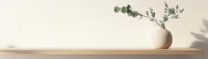 A serene light oak shelf holds a matte ceramic vase in soft beige, featuring a sprig of eucalyptus. The background offers a calm, neutral backdrop with plenty of space for text photo
