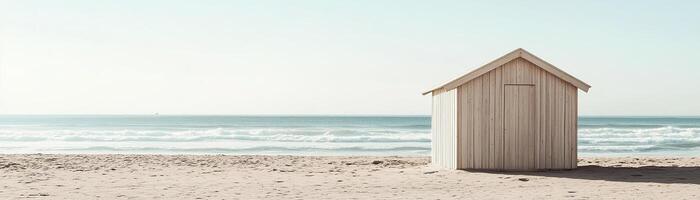 A serene coastal view features a small wooden beach hut in neutral tones on a smooth sandy shore. Soft waves lap at the beach, creating a tranquil atmosphere perfect for relaxation photo