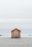 In a tranquil setting, a small wooden beach hut stands on a smooth sandy beach, surrounded by gentle waves and a soft, overcast sky. The atmosphere is peaceful and modern photo