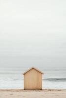A minimalist wooden beach hut in neutral tones stands alone on a smooth sandy beach. Soft waves gently lap the shore, creating a serene and modern atmosphere perfect for relaxation photo