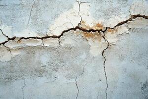 Rough concrete wall showcases deep cracks and textures, set against a light gray surface, creating a modern and gritty atmosphere ideal for text overlay photo