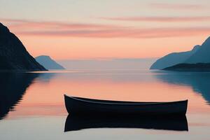 Glimpse a serene Nordic sunset with gentle hues dancing on still waters. A small wooden boat rests peacefully in the distance, inviting reflection and calm photo