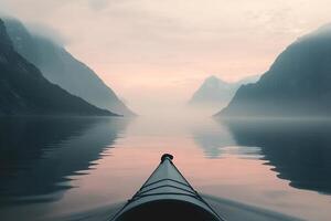 A solitary kayak glides over still waters in a Nordic fjord, framed by soft pastel skies and muted gray mountains. This serene setting invites adventure and contemplation photo