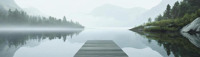 A calm mountain lake features a wooden dock extending into reflective waters, surrounded by soft gray mountains and lush green forests, inviting tranquility and peace photo