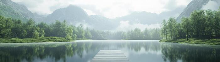 A small wooden dock extends into a tranquil lake, surrounded by lush green forests and gentle gray mountains. The serene atmosphere invites reflection and calmness photo