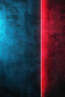 Dark concrete walls with striking blue and red neon accents create a moody, modern industrial atmosphere, providing ample space for bold text and design elements photo