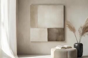 This Nordic-style home detail features abstract wall art in soft beiges and creams, complemented by linen textures and a simple decor. The space is modern and elegant, perfect for relaxation photo