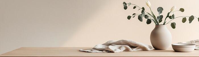 A beautifully arranged Nordic-style table setting features a light oak table adorned with a matte ceramic vase holding fresh eucalyptus or tulip stems, accented by linen napkins in soft pastels photo