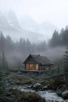 Set in a remote wilderness area, this Nordic-style wooden cabin offers a tranquil escape. Surrounded by misty mountains and towering pine trees, it radiates rustic charm photo