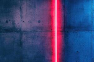 This modern industrial setting features dark concrete walls enhanced by striking blue and red neon light accents, providing an impressive backdrop for text or design elements photo