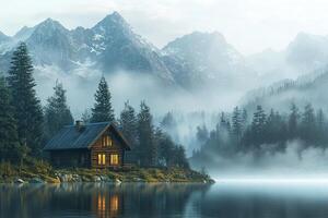 Nestled in a remote wilderness, the rustic wooden cabin glows softly against the backdrop of misty mountains and dense pine forest. This tranquil location invites relaxation and reflection photo