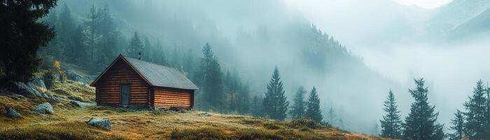 Nestled in a tranquil wilderness, a rustic wooden cabin stands amid towering pine trees and mist-covered mountains, offering a peaceful retreat and inviting fresh air photo