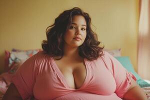 Comfortable indoor portrait of a woman with curly hair wearing a pink top, relaxing in a cozy bedroom in soft afternoon light photo