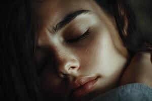 A young woman rests peacefully with her eyes closed, captured in soft light, conveying tranquility and relaxation in an intimate setting photo