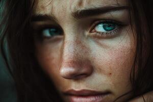 Woman with striking blue eyes and freckles gazes thoughtfully, highlighting emotions through close-up portrait in soft lighting photo