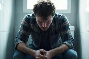 A man sits pensively on the toilet while contemplating life's challenges in a small, dimly-lit bathroom photo