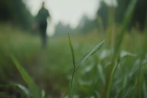 A person walking through a misty field of tall grass in the early morning light during a tranquil outdoor experience photo