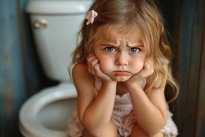 Constipation, digestive problems concept. Young girl sitting on a toilet with a sad expression in a bathroom, highlighting her discomfort and frustration photo