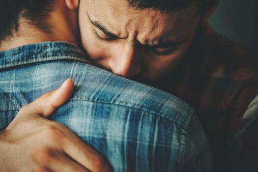Two men embrace in a heartfelt moment, showing support and connection in a cozy photo