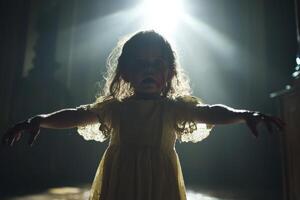 A little girl in a glowing yellow dress stands in a dark room with arms outstretched, creating an eerie and mysterious atmosphere photo