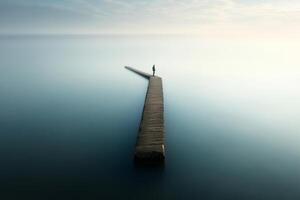 A solitary figure stands on a long pier extending into calm waters at dawn, evoking tranquility and reflection photo