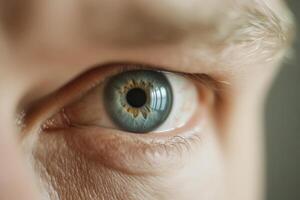 A close-up view of a human eye with striking blue iris and a unique pattern, showcasing the reflection of light in a natural setting photo