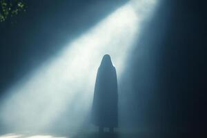A person in a hood standing in the dark with light coming from the top photo