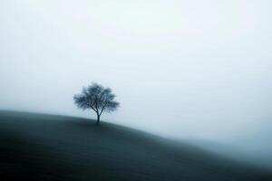 A lone tree stands alone on a hill in the fog photo