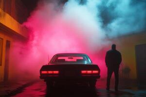 A man standing in front of a car with smoke coming out of it photo